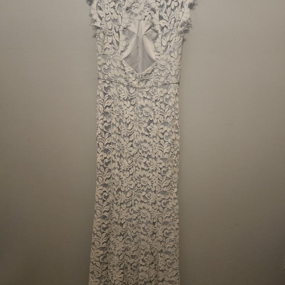 Eliza J Lace Long Maxi Cap sleeve Dress 8 Blue Back Cut Out Button Zip Closure - Picture 4 of 4